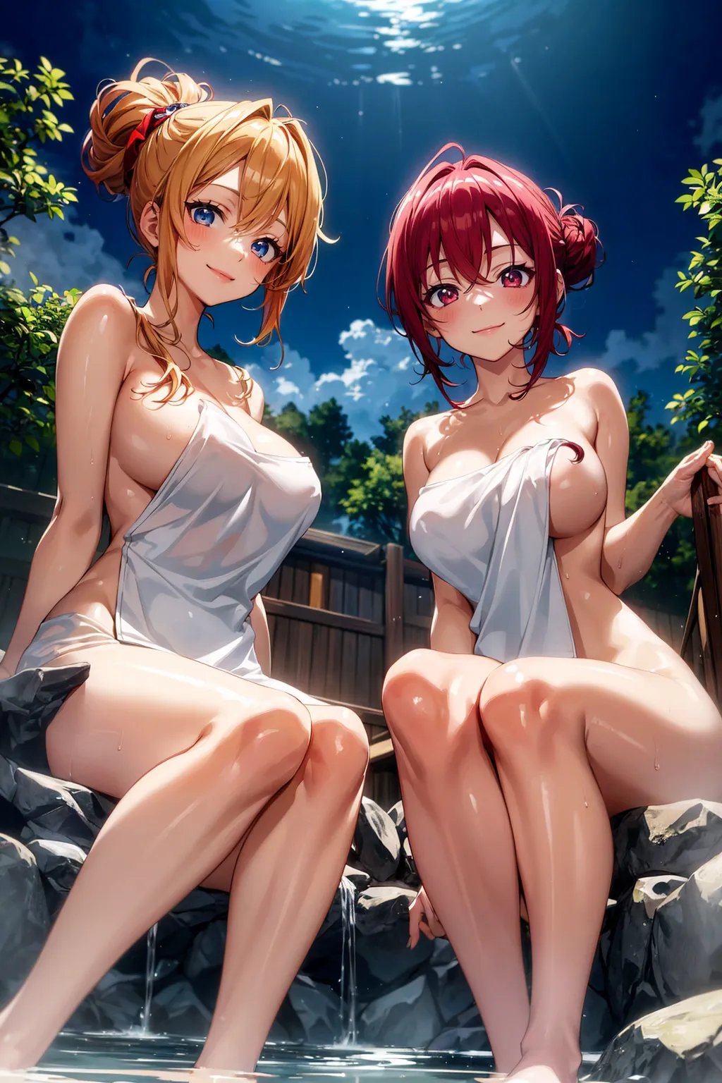 「ムホホｗｗエッチだねぇｗｗ」美少女たちが温泉で入浴しているAIイラストのヌード・全裸エロ画像223枚まとめ！の14枚目の画像です。